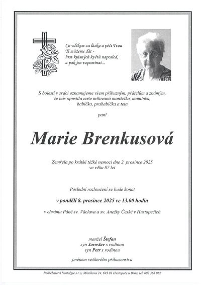 Smuteční oznámení – Marie Brenkusová