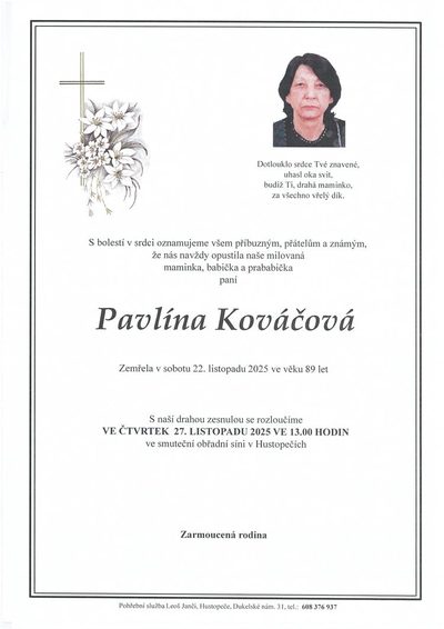 Smuteční oznámení – Pavlína Kováčová
