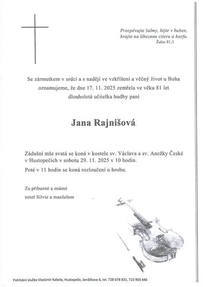 Smuteční oznámení – Jana Rajnišová