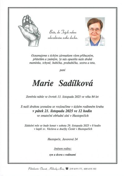 Smuteční oznámení – Marie Sadílková