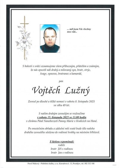 Smuteční oznámení – Vojtěch Lužný