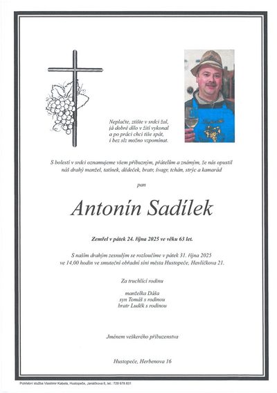 Smuteční oznámení – Antonín Sadílek