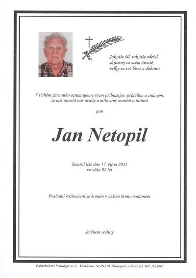 Smuteční oznámení – Jan Netopil