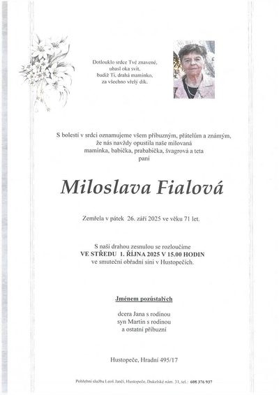 Smuteční oznámení – Miloslava Fialová