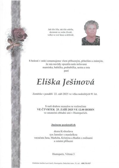 Smuteční oznámení – Eliška Ješinová