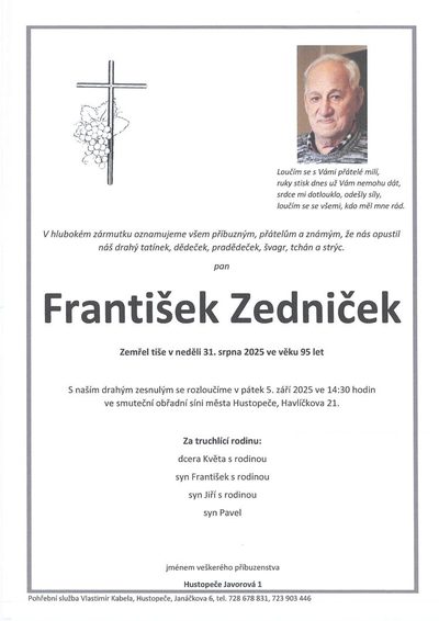 Smuteční oznámení – František Zedniček