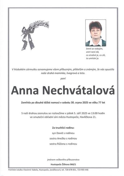 Smuteční oznámení – Anna Nechvátalová