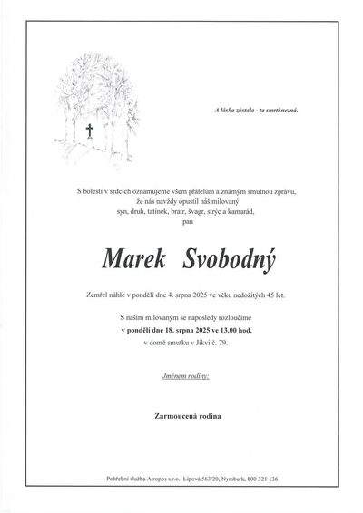 Smuteční oznámení – Marek Svobodný