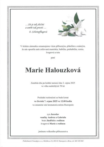 Smuteční oznámení – Marie Halouzková