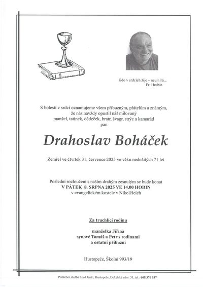 Smuteční oznámení – Drahoslav Boháček