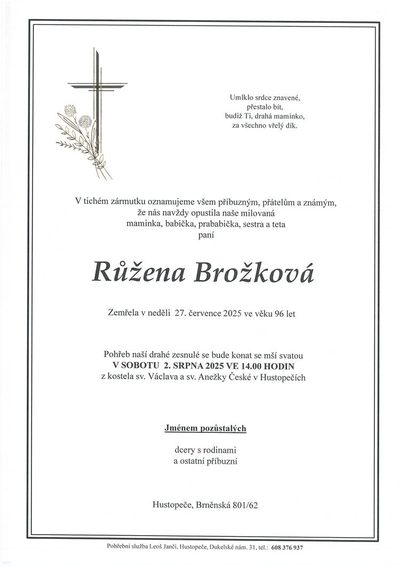 Smuteční oznámení – Růžena Brožková