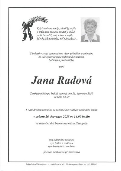 Smuteční oznámení – Jana Radová