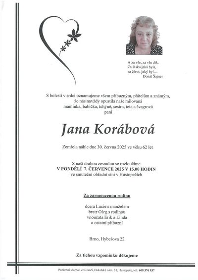 Smuteční oznámení – Jana Korábová
