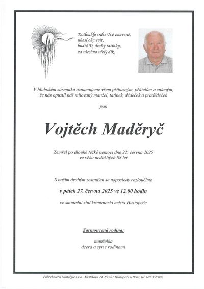 Smuteční oznámení – Vojtěch Maděryč