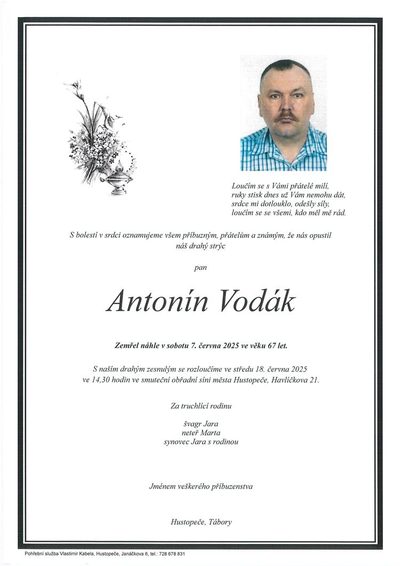 Smuteční oznámení – Antonín Vodák