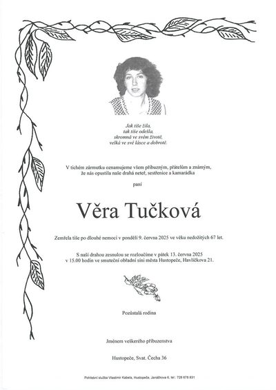 Smuteční oznámení – Věra Tučková