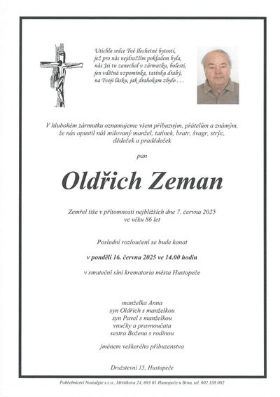Smuteční oznámení – Oldřich Zeman