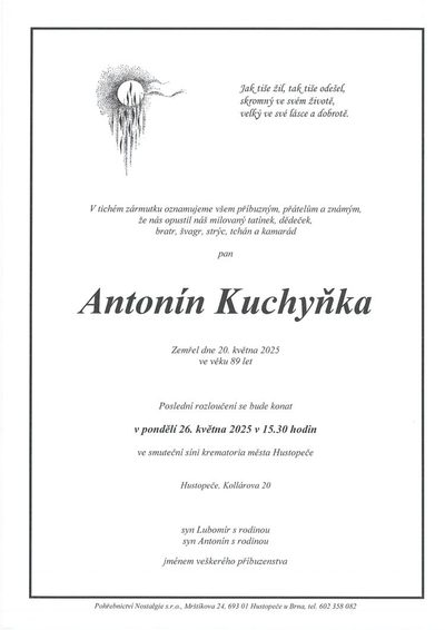 Smuteční oznámení – Antonín Kuchyňka