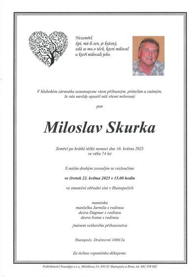 Smuteční oznámení – Miloslav Skurka