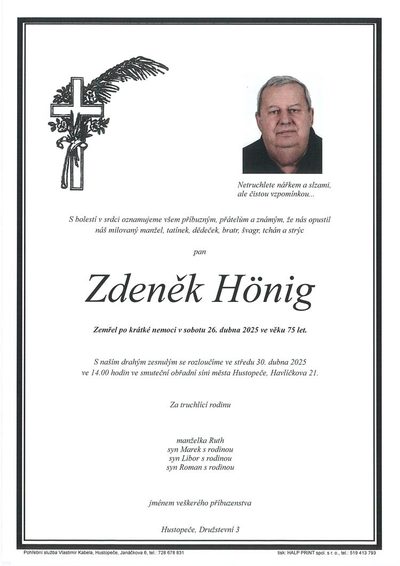 Smuteční oznámení – Zdeněk Hönig