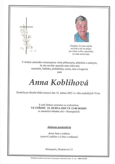 Smuteční oznámení – Anna Koblihová