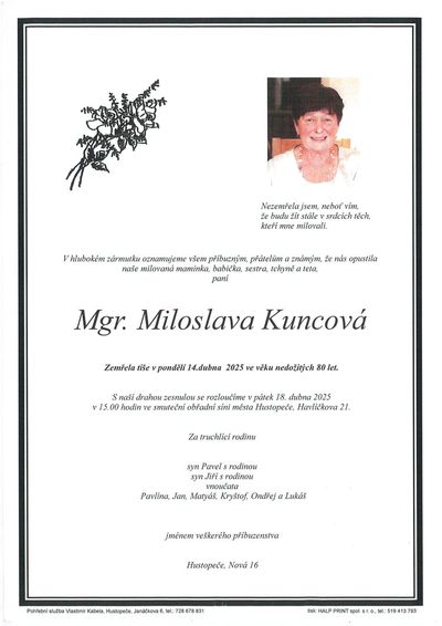 Smuteční oznámení – Miloslava Kuncová