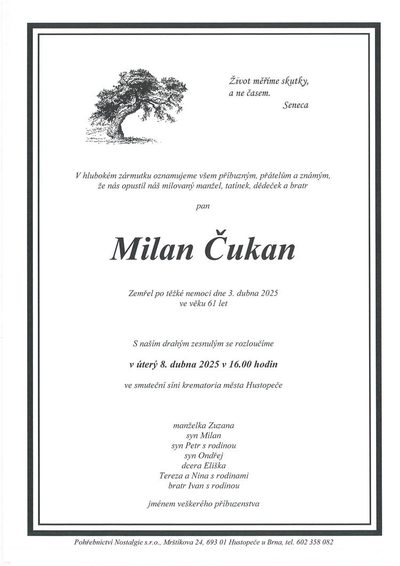 Smuteční oznámení – Milan Čukan