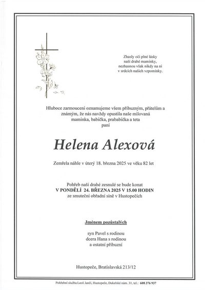 Smuteční oznámení – Helena Alexová