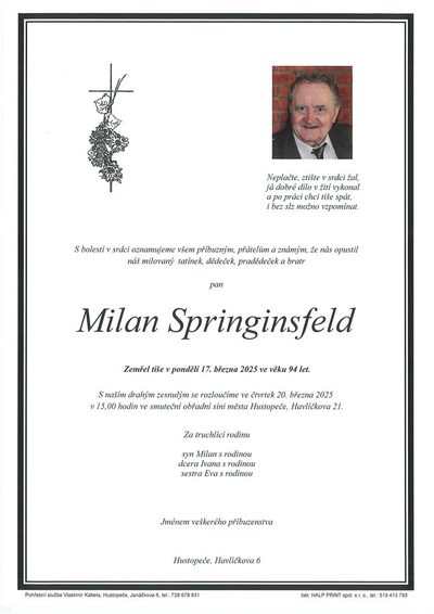 Smuteční oznámení – Milan Springinsfeld