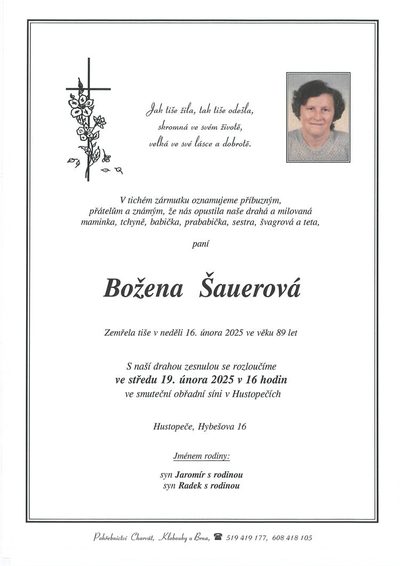 Smuteční oznámení – Božena Šauerová