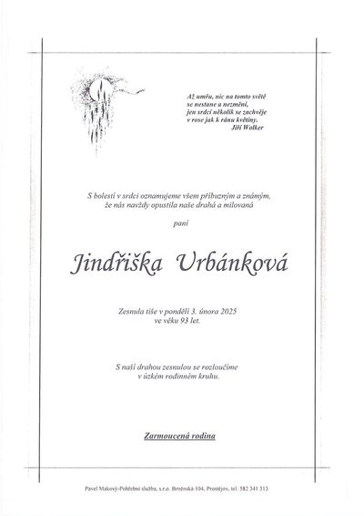 Smuteční oznámení – Jindřiška Urbánková