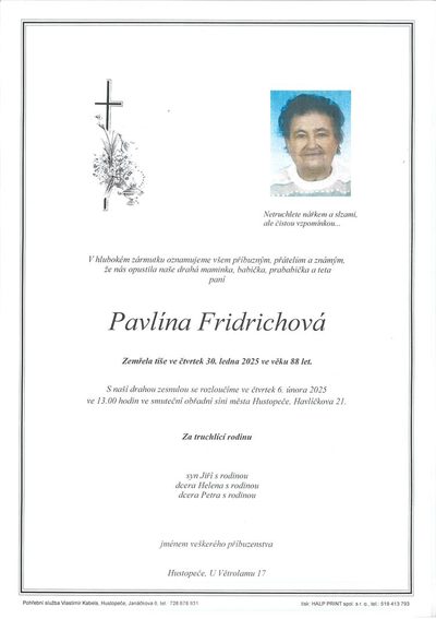 Smuteční oznámení – Pavlína Fridrichová