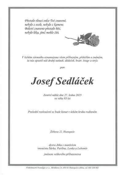 Smuteční oznámení – Josef Sedláček