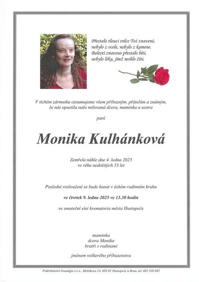 Smuteční oznámení – Monika Kulhánková
