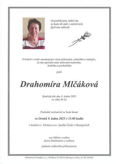 Smuteční oznámení – Drahomíra Mlčáková