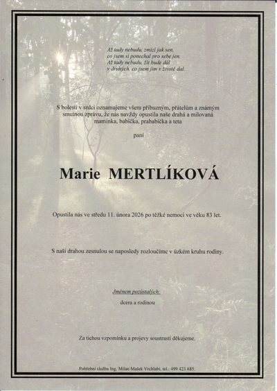 Smuteční oznámení – Marie Mertlíková