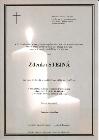Smuteční oznámení – Zdenka Stejná