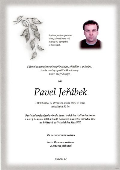 Smuteční oznámení – Pavel Jeřábek