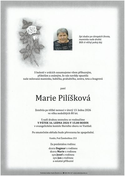 Smuteční oznámení – Marie Pilíšková