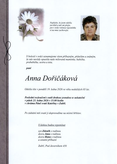 Smuteční oznámení – Anna Dořičáková