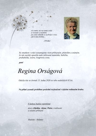 Smuteční oznámení – Regina Orságová