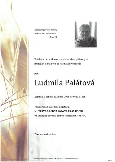 Smuteční oznámení – Ludmila Palátová
