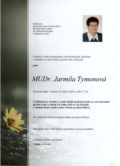 Smuteční oznámení – MUDr. Jarmila Tymonová