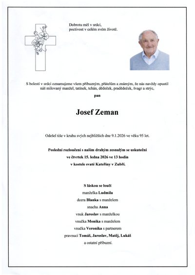 Smuteční oznámení – Josef Zeman