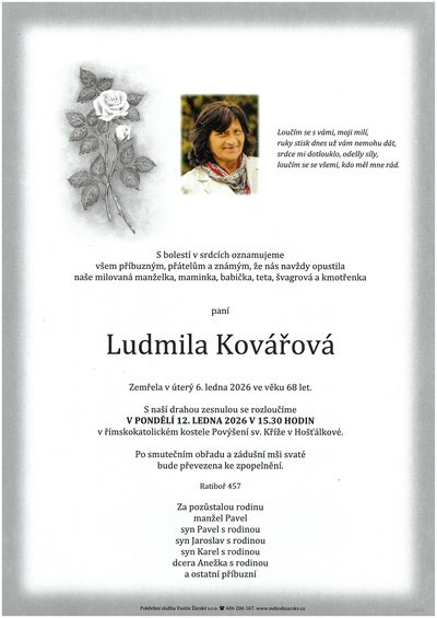 Smuteční oznámení – Ludmila Kovářová