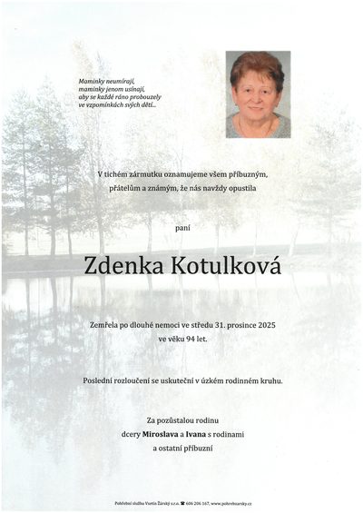 Smuteční oznámení – Zdenka Kotulková