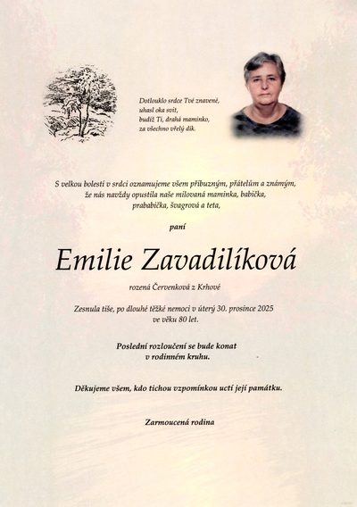 Smuteční oznámení – Emilie Zavadilíková