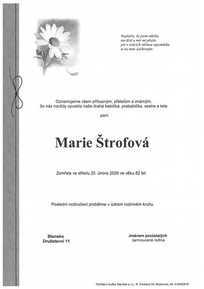 Smuteční oznámení – Marie Štrofová