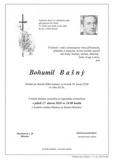 Smuteční oznámení – Bohumil Bašný