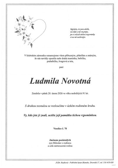 Smuteční oznámení – Ludmila Novotná